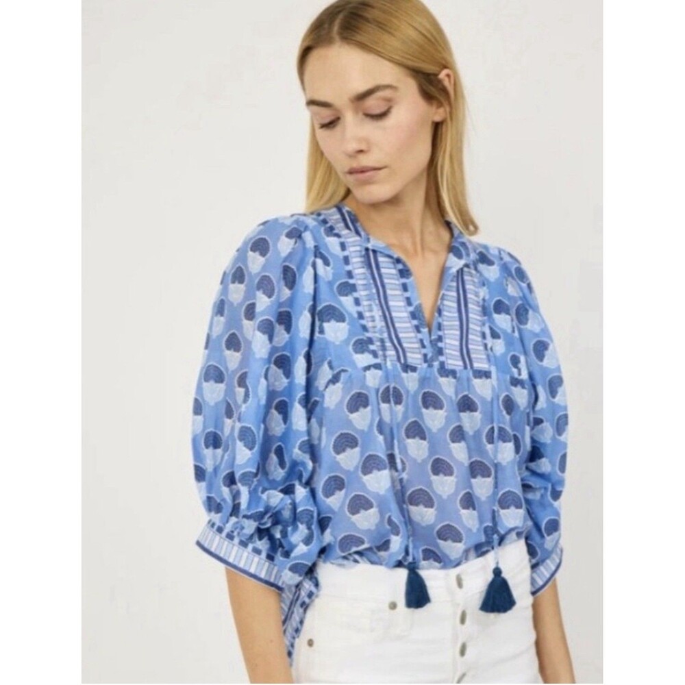 Marea Steph Top Indian Flower Block Print Blue White Blouse Tie Neck Size XL